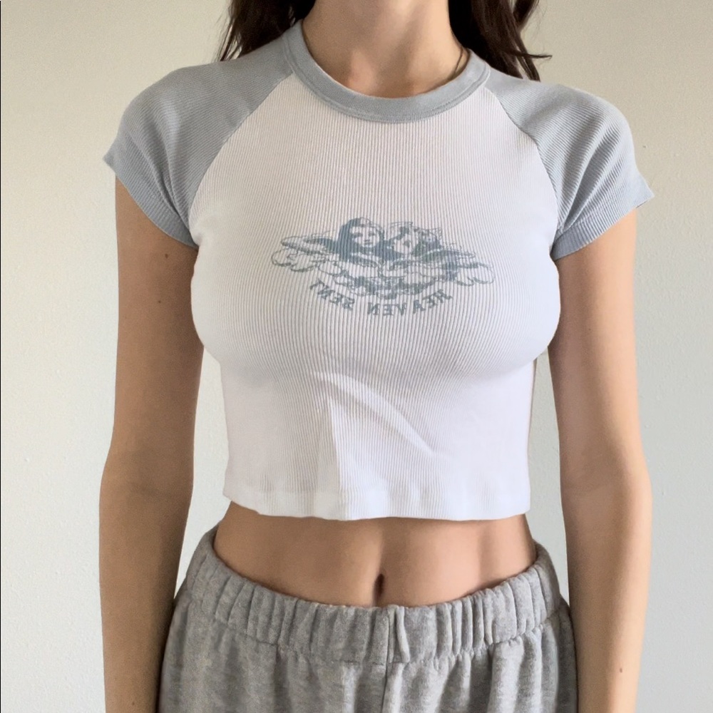 Brandy Melville Heaven Sent Graphic Ribbed Cropped Baseball Tee